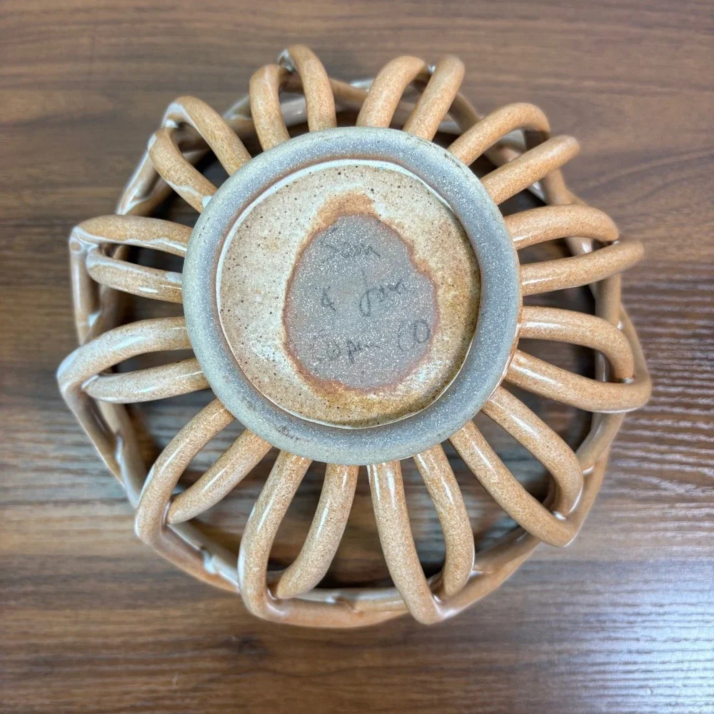 Vintage Eucalyptus Stoneware glazed peach-colored woven Bread Basket signed